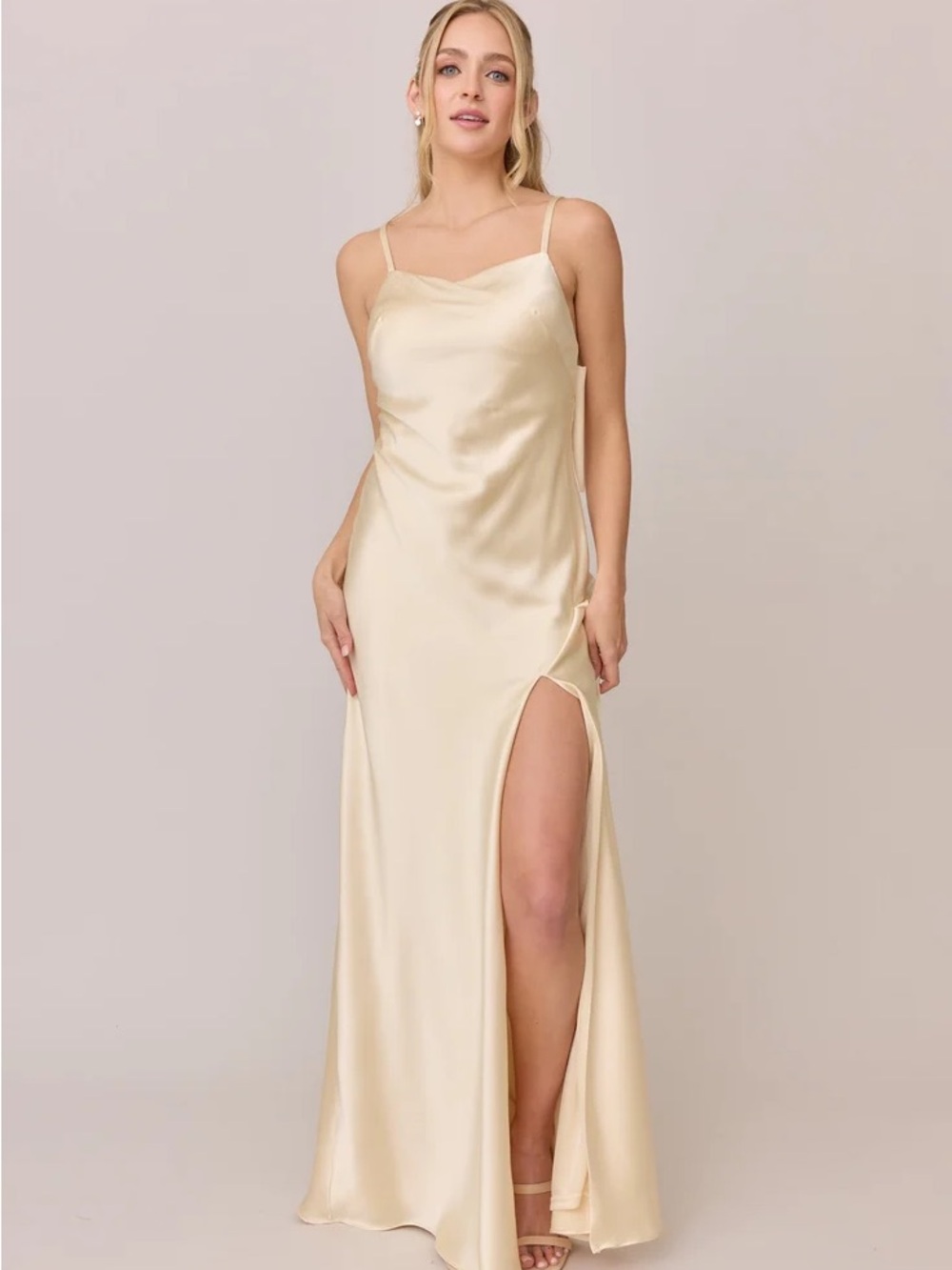 Revelry Pale Yellow Steph Satin Maxi Slip Dress with Slit